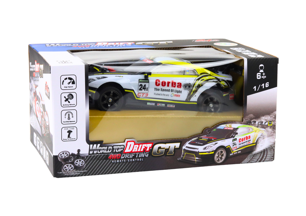 RC Sports Car 1:16 Drift, Interchangeable Wheels, White and Yellow