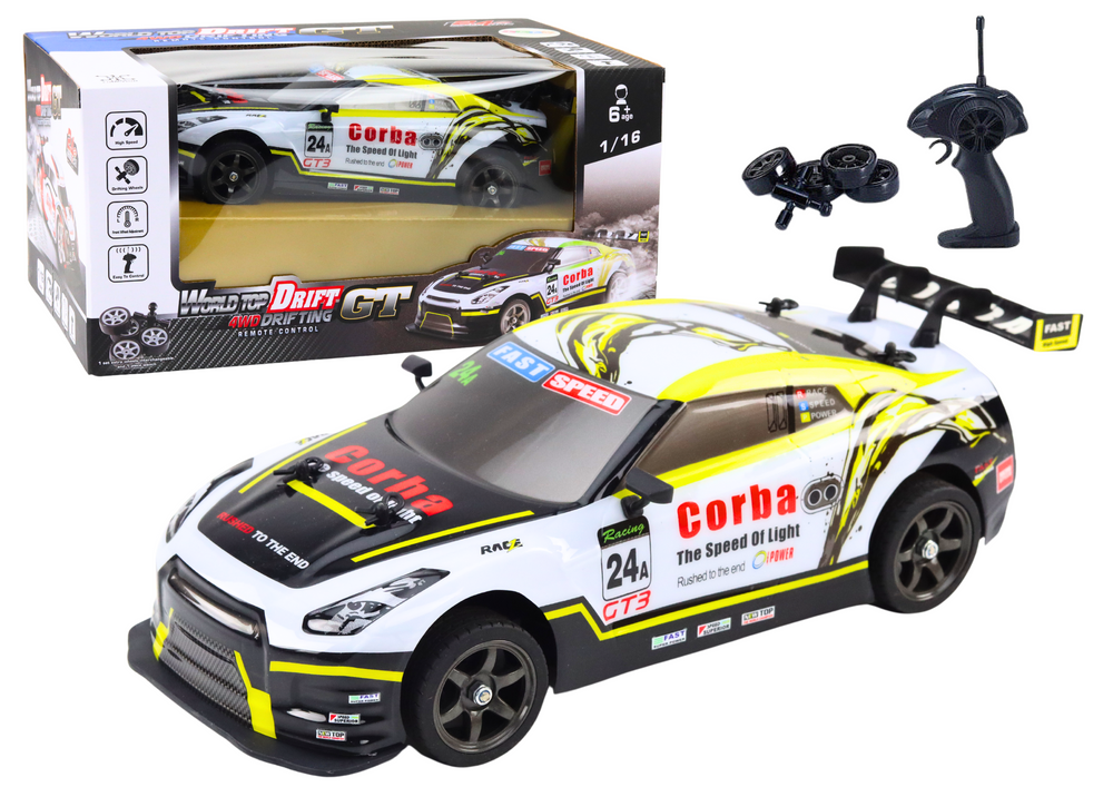 RC Sports Car 1:16 Drift, Interchangeable Wheels, White and Yellow