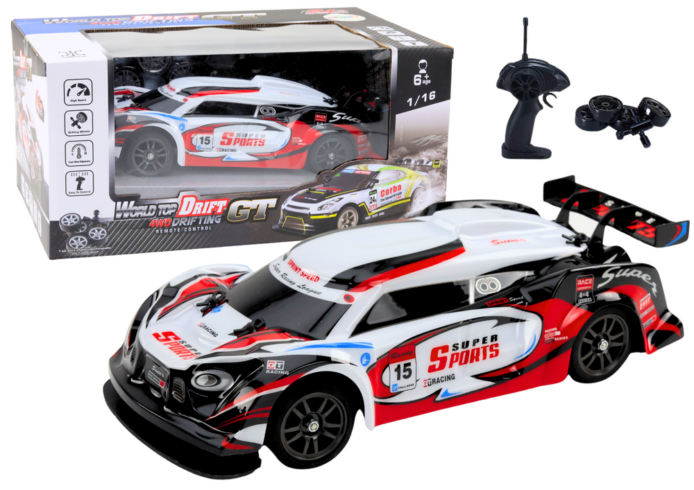 RC Sports Car 1:16 Drift, Interchangeable Wheels, White and Red