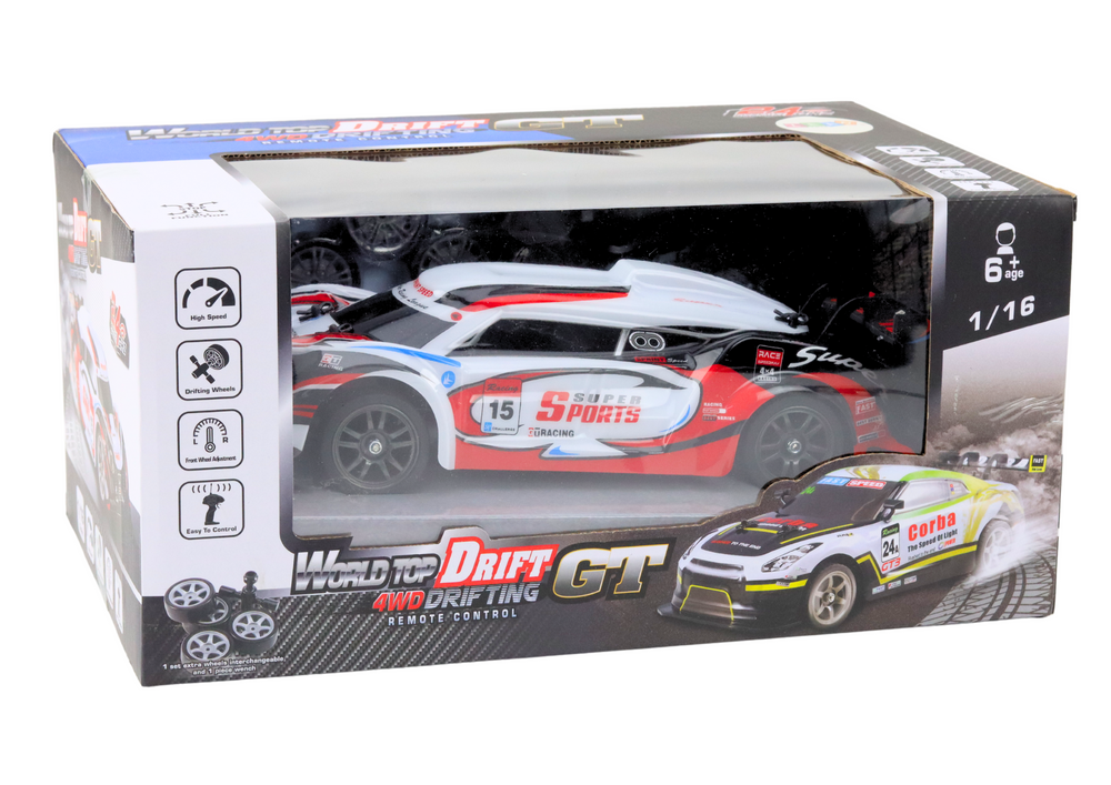 RC Sports Car 1:16 Drift, Interchangeable Wheels, White and Red