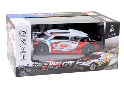 RC Sports Car 1:16 Drift, Interchangeable Wheels, White and Red
