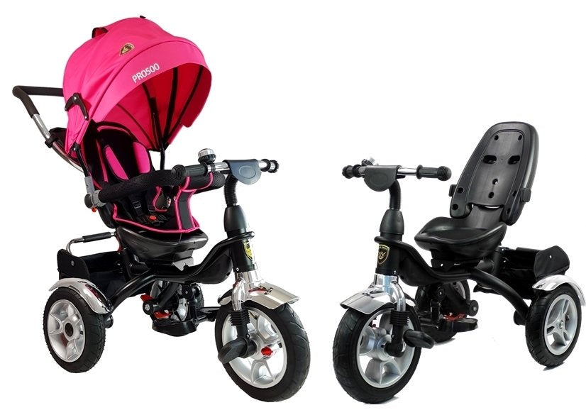 Dreirad PRO500 Rosa Sonnendach Gummiräder Schiebestange Dreirad für Kinder