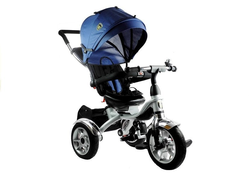 Tricycle PRO500 Dark Blue Sunroof Rubber Wheels Push Bar Tricycle for Children